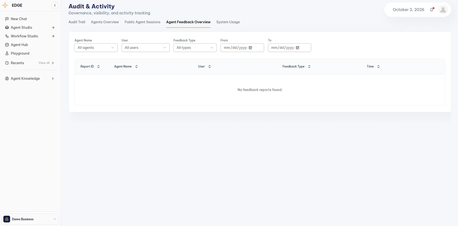 Audit and Activity, Agent Feedback Overview with filters and a table of feedback reports