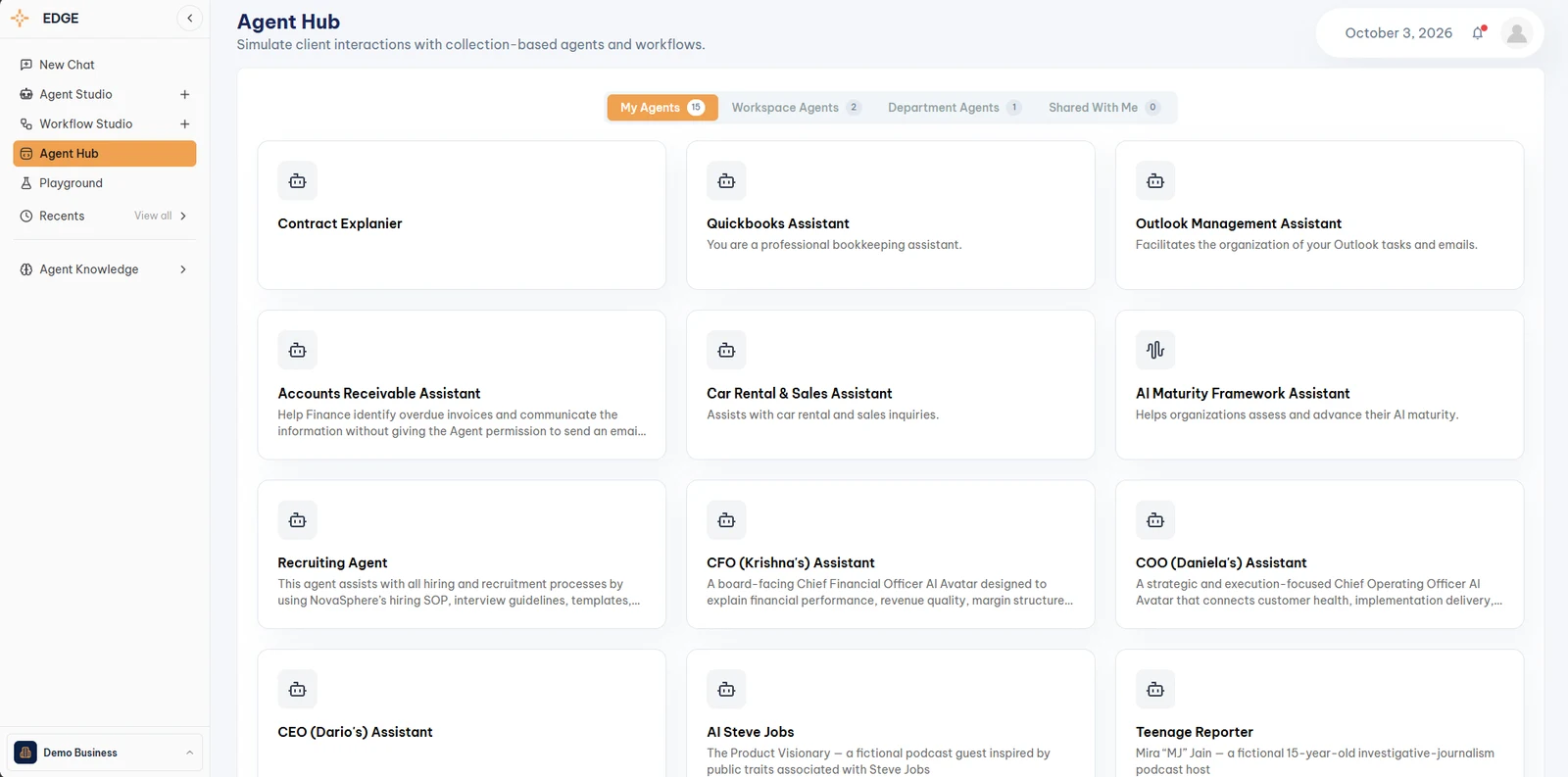 Agent Hub as Manager and above see it, with the My Agents, Workspace Agents, Department Agents, and Shared With Me tabs