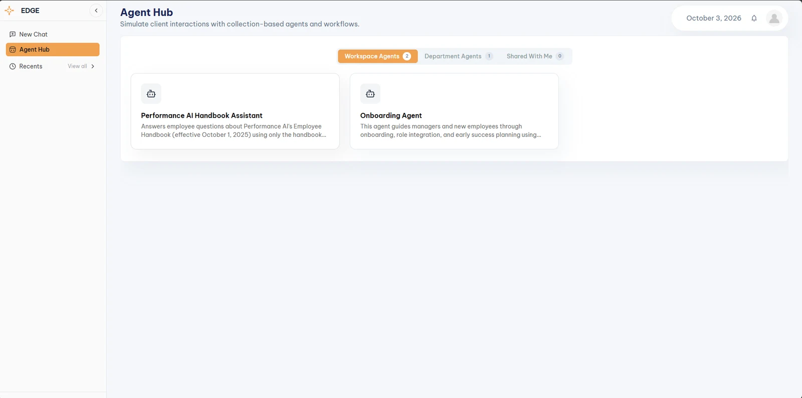 Agent Hub as a Member sees it, with the Workspace Agents, Department Agents, and Shared With Me tabs