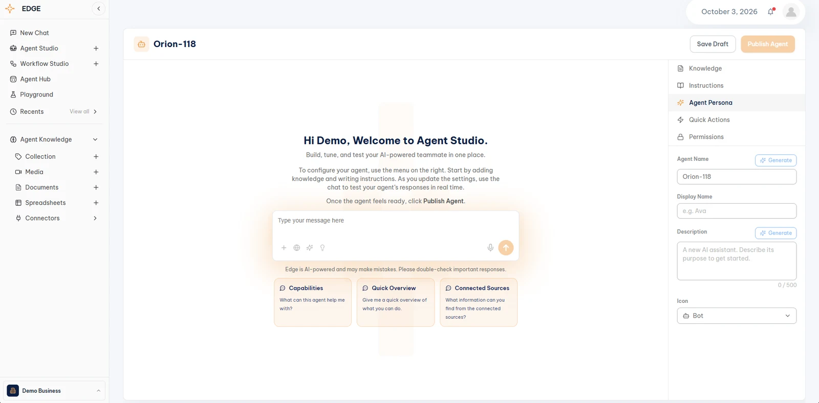 Agent Studio, Agent Persona with Agent Name, Display Name, Description, and Icon fields and Generate buttons