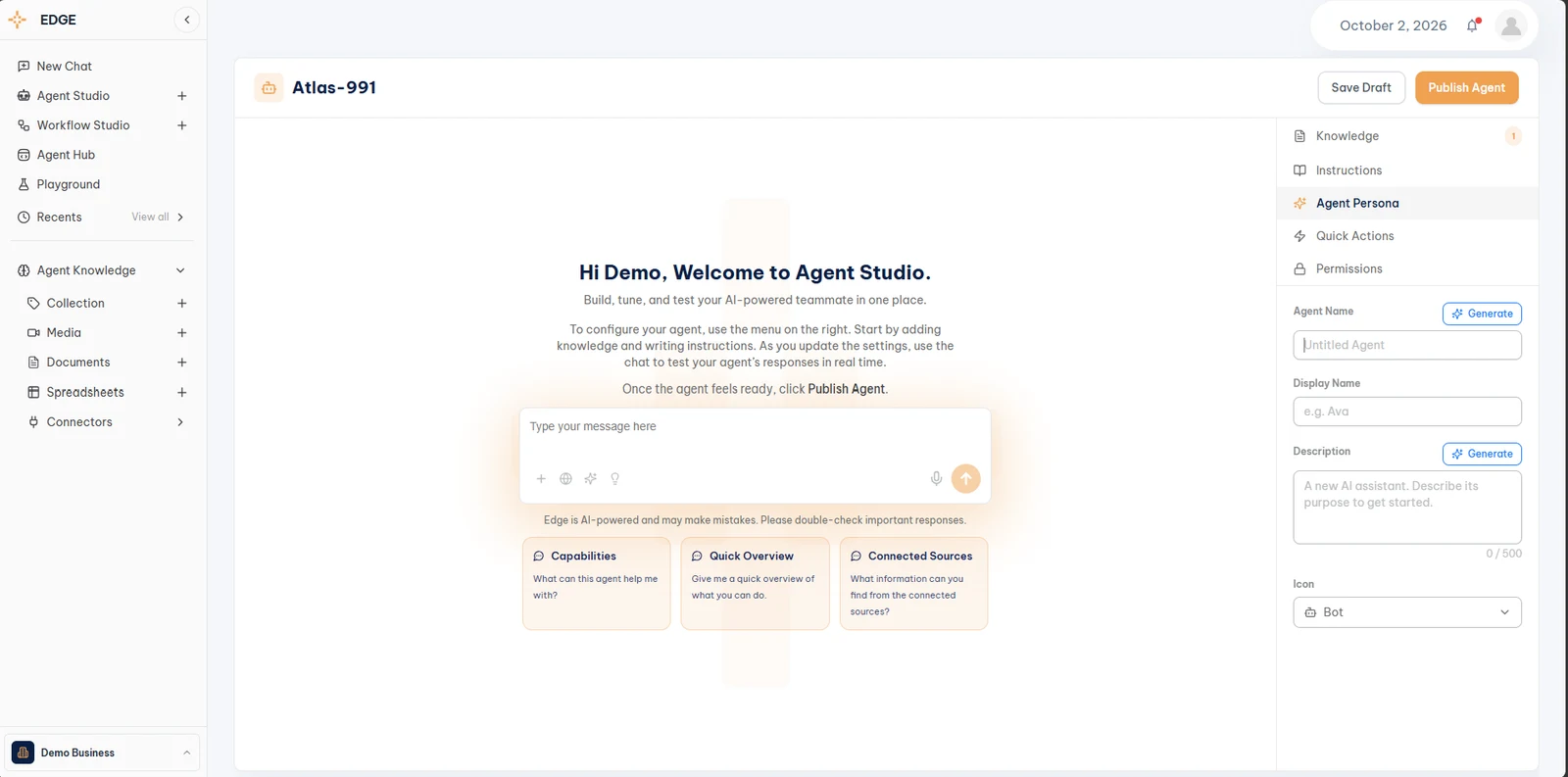 Agent Studio, Agent Persona panel with Agent Name, Display Name, Description, and Icon fields