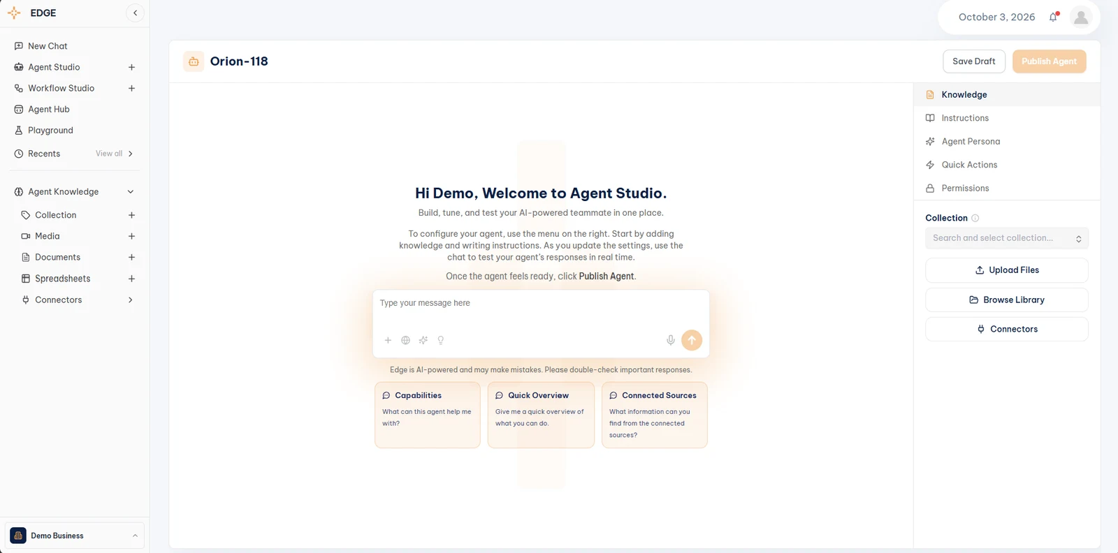 Agent Studio new agent screen with Knowledge selected, showing Collection, Upload Files, Browse Library, and Connectors