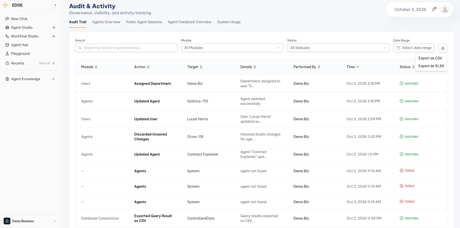 Audit and Activity, Audit Trail table with module, action, target, details, performed by, time, and status, and the Export as CSV and Export as XLSX options