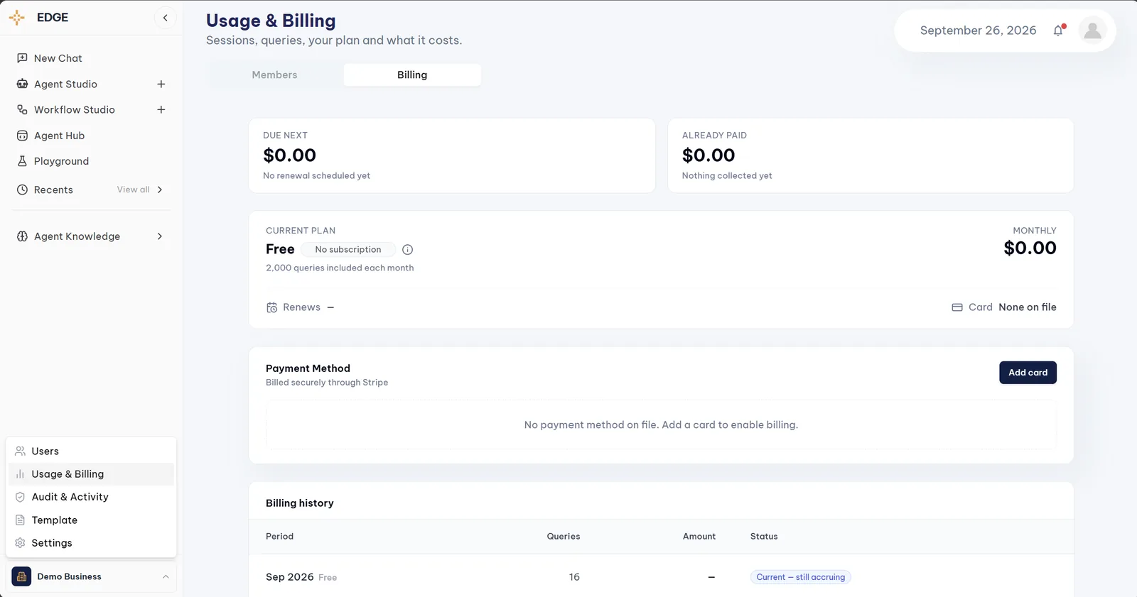 Edge Usage and Billing screen with the Add card button