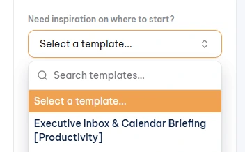 Agent Studio, Need inspiration on where to start? template dropdown with Executive Inbox & Calendar Briefing [Productivity] as the first option