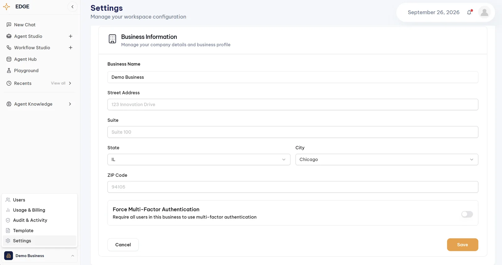 Edge Settings, Business Information screen with the Force Multi-Factor Authentication toggle