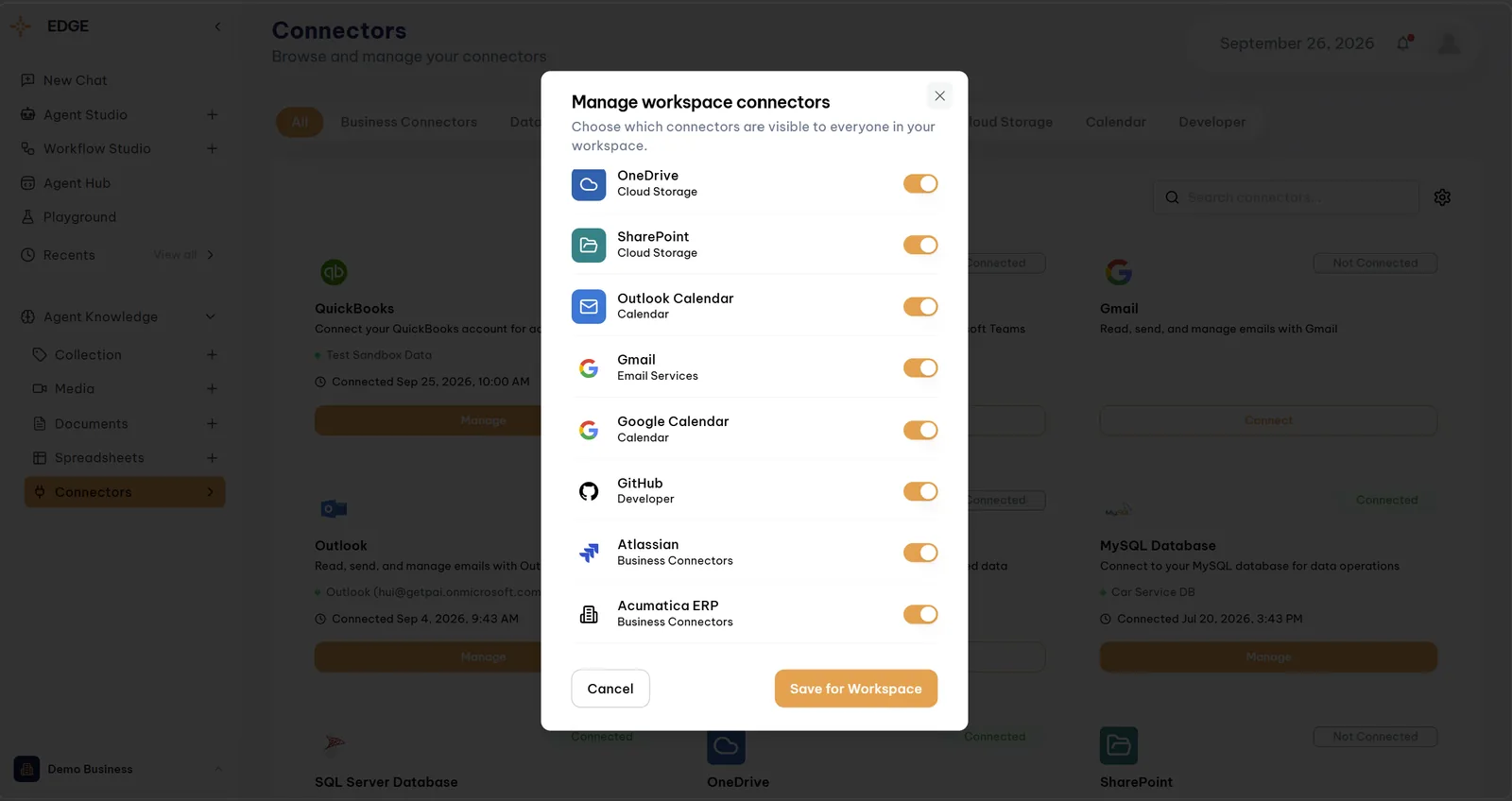 Manage workspace connectors dialog with a toggle per connector