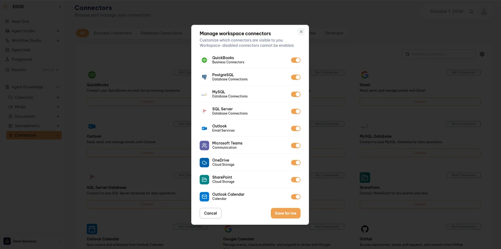 Manage workspace connectors dialog with a toggle per connector and a Save for me button