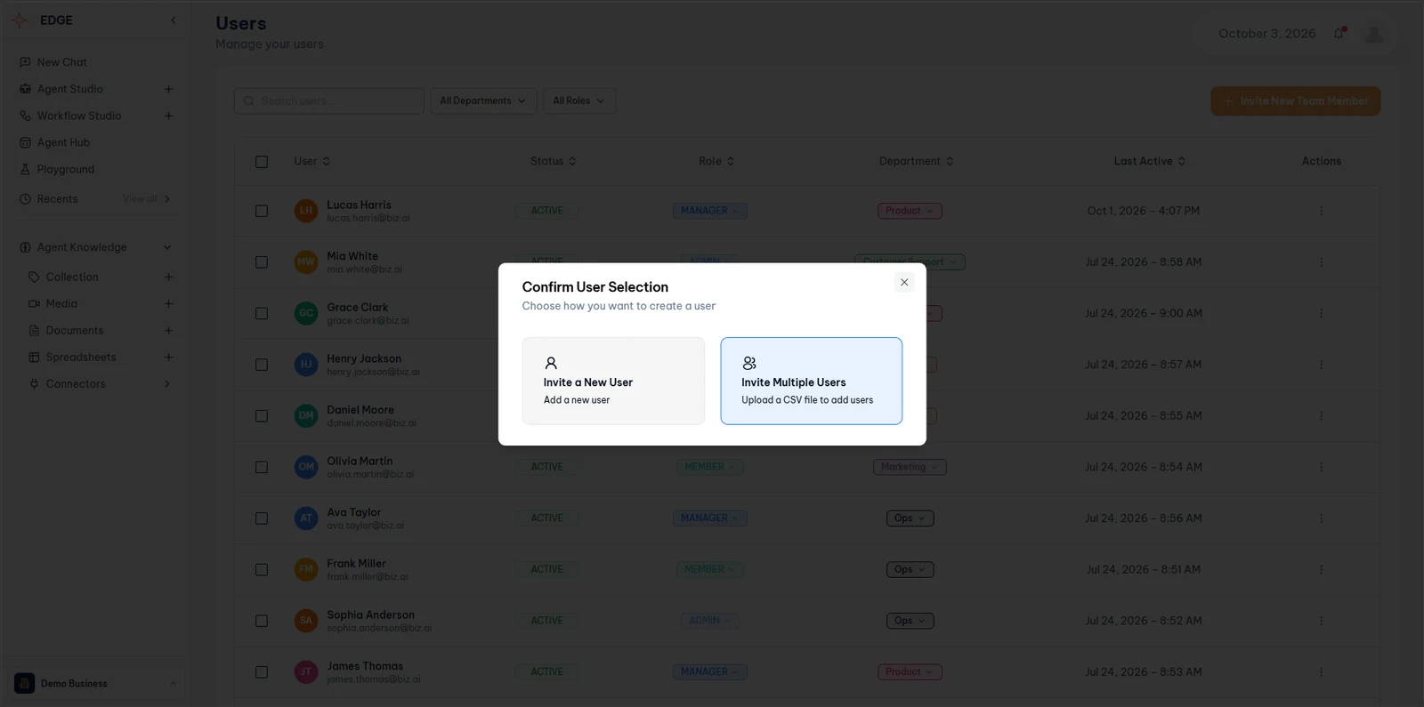 Confirm User Selection dialog with Invite a New User and Invite Multiple Users (CSV upload) options