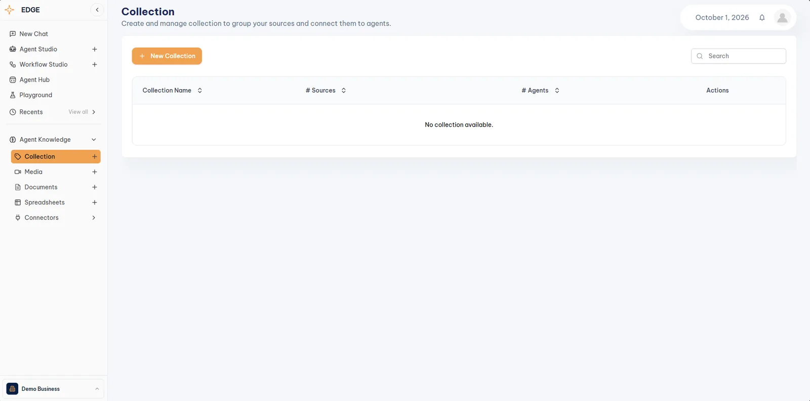 Edge Collection page under Agent Knowledge with the New Collection button