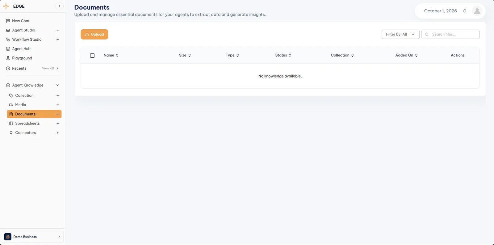 Edge Documents page under Agent Knowledge with the Upload button