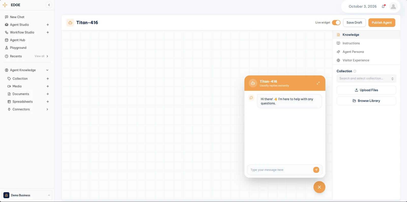 Public Agent Studio with the Live widget toggle on, showing a live preview of the chat widget