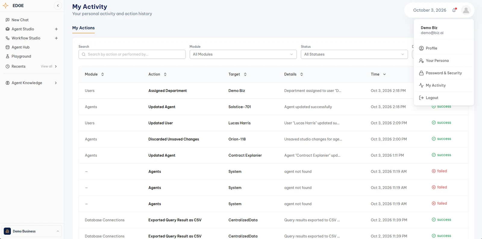 My Activity page with My Actions table, filters, and the avatar menu open showing My Activity