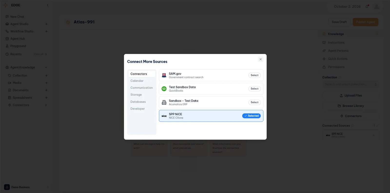 Agent Studio, Connect More Sources dialog with the SPP NICE (NICE CXone) connector selected