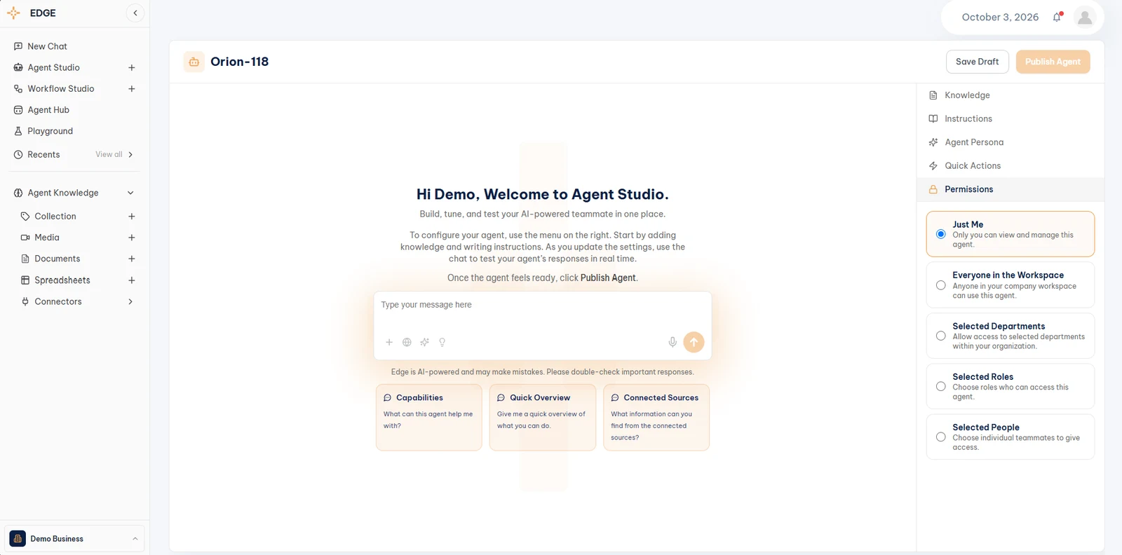 Agent Studio, Permissions with Just Me, Everyone in the Workspace, Selected Departments, Selected Roles, and Selected People