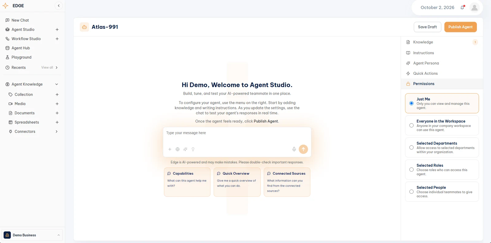 Agent Studio, Permissions panel with access options