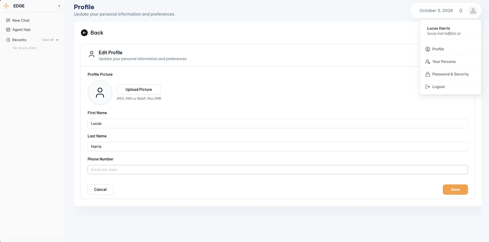 Edge Profile screen for a Member, with profile picture upload, first name, last name, and phone number fields