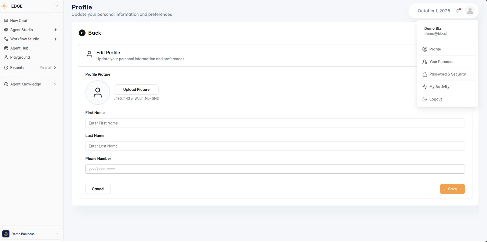 Edge Profile screen with profile picture upload, first name, last name, and phone number fields