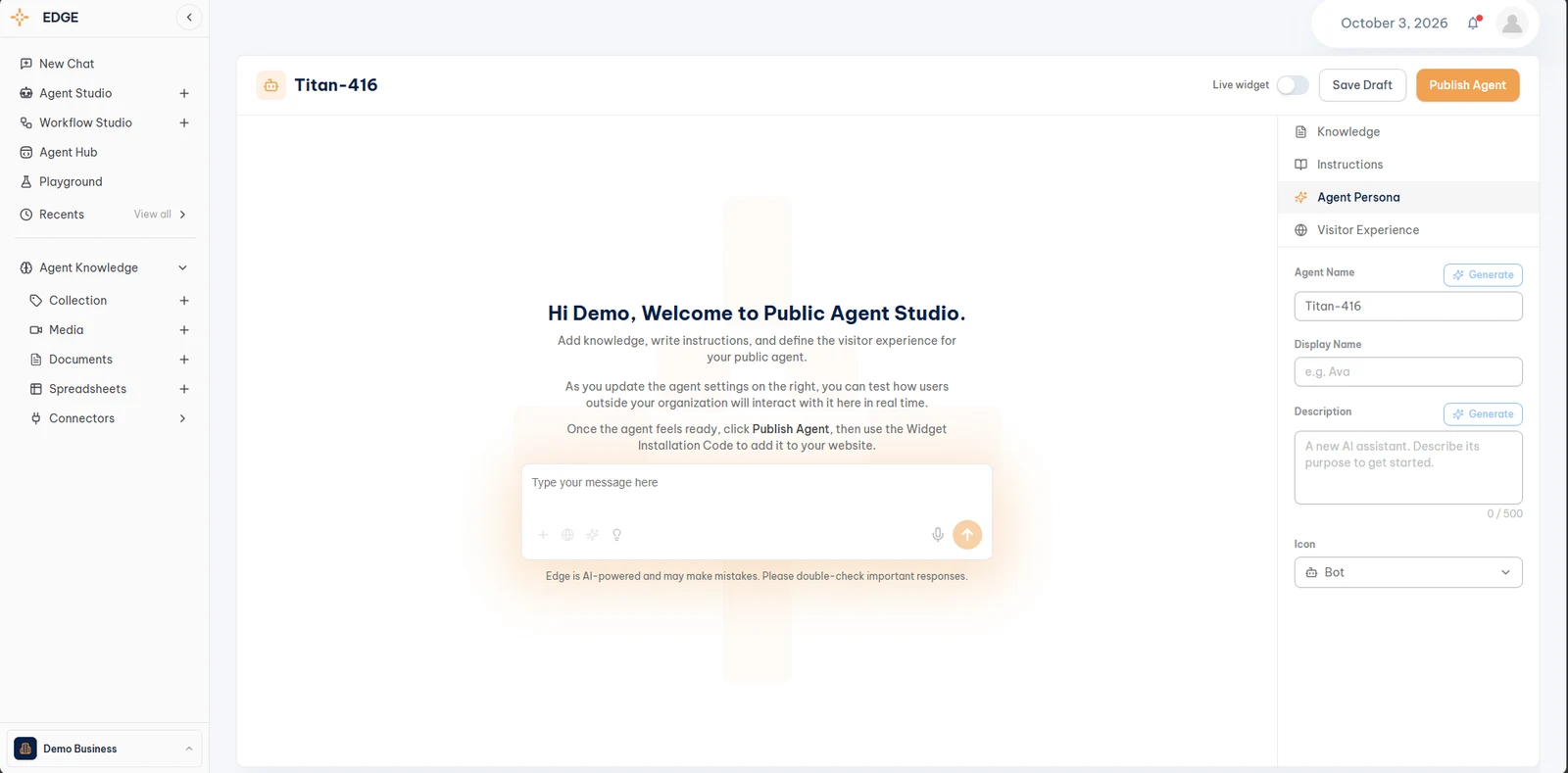 Public Agent Studio, Agent Persona with Agent Name, Display Name, Description, and Icon fields and Generate buttons