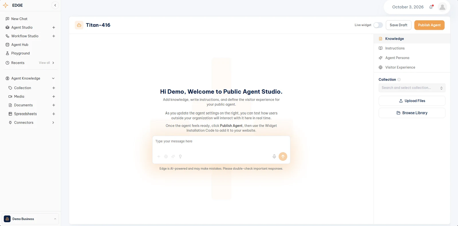 Public Agent Studio welcome screen with Knowledge, Instructions, Agent Persona, and Visitor Experience on the right and the Live widget toggle at the top