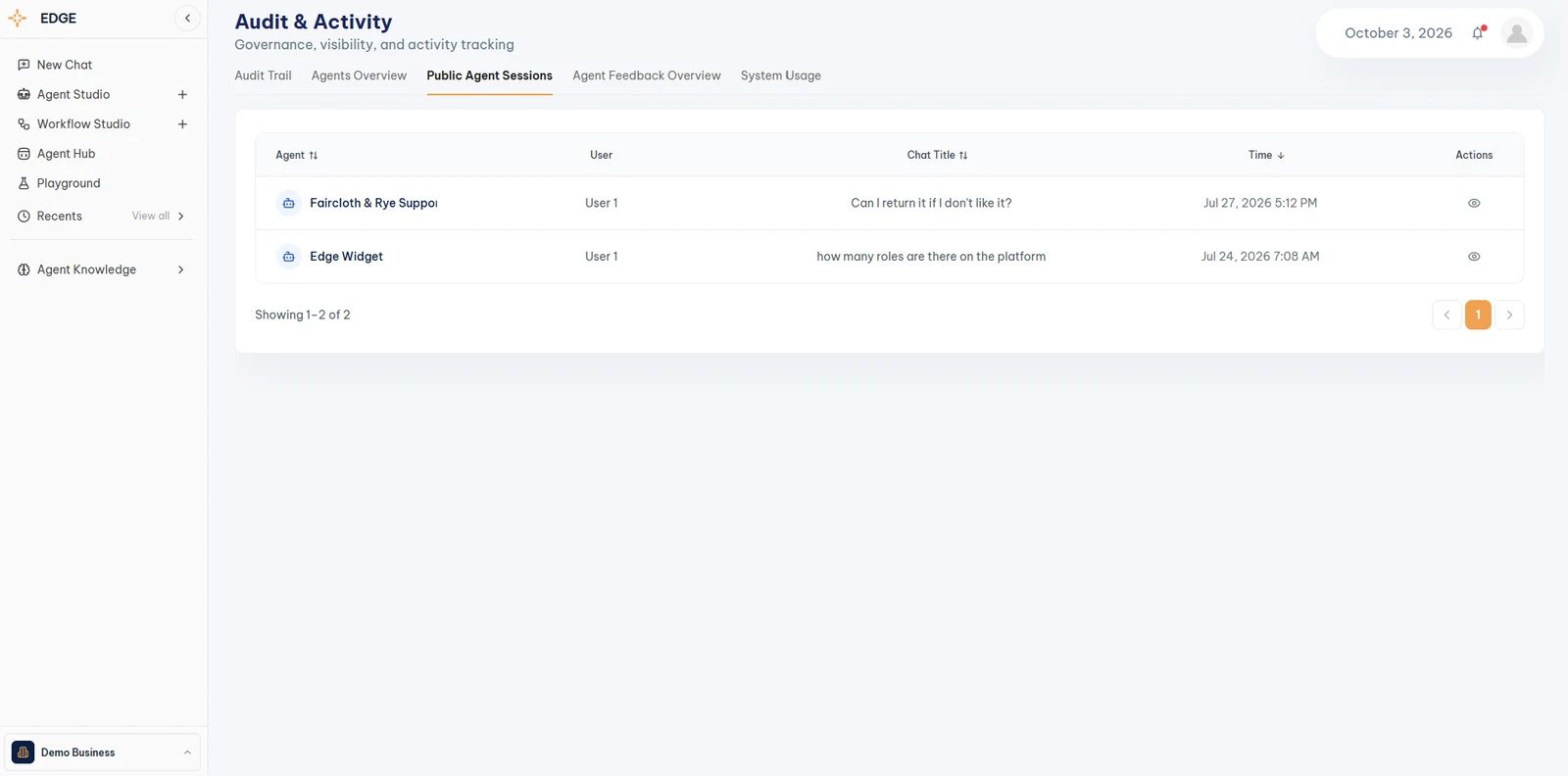 Audit and Activity, Public Agent Sessions table with agent, user, chat title, time, and a view action