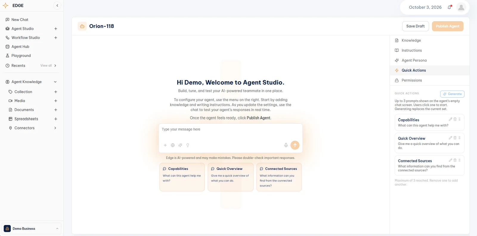 Agent Studio, Quick Actions panel with three default prompts and the Generate button