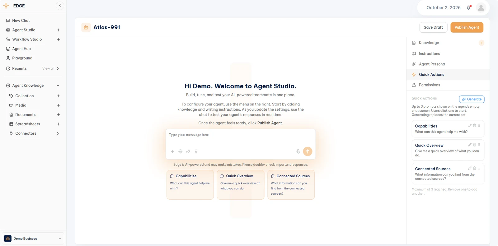 Agent Studio, Quick Actions panel with up to three suggested prompts