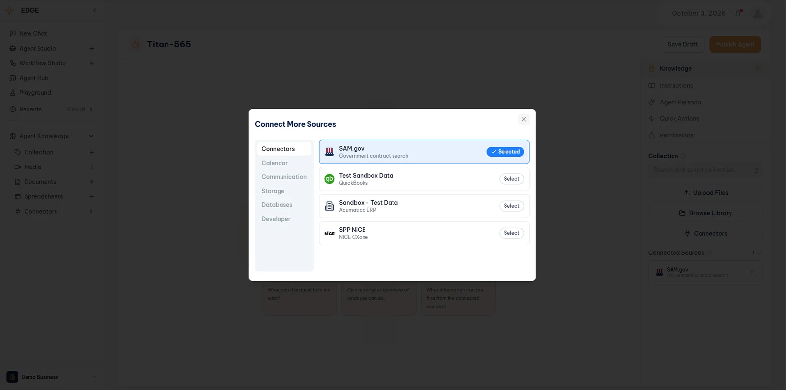 Agent Studio, Connect More Sources dialog with the SAM.gov connector selected