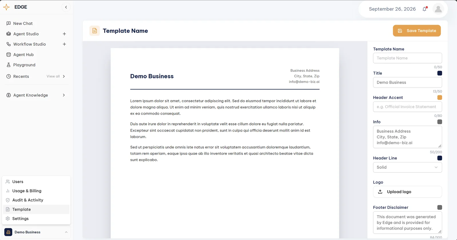 Edge Template editor with title, header accent, logo upload, and footer disclaimer fields