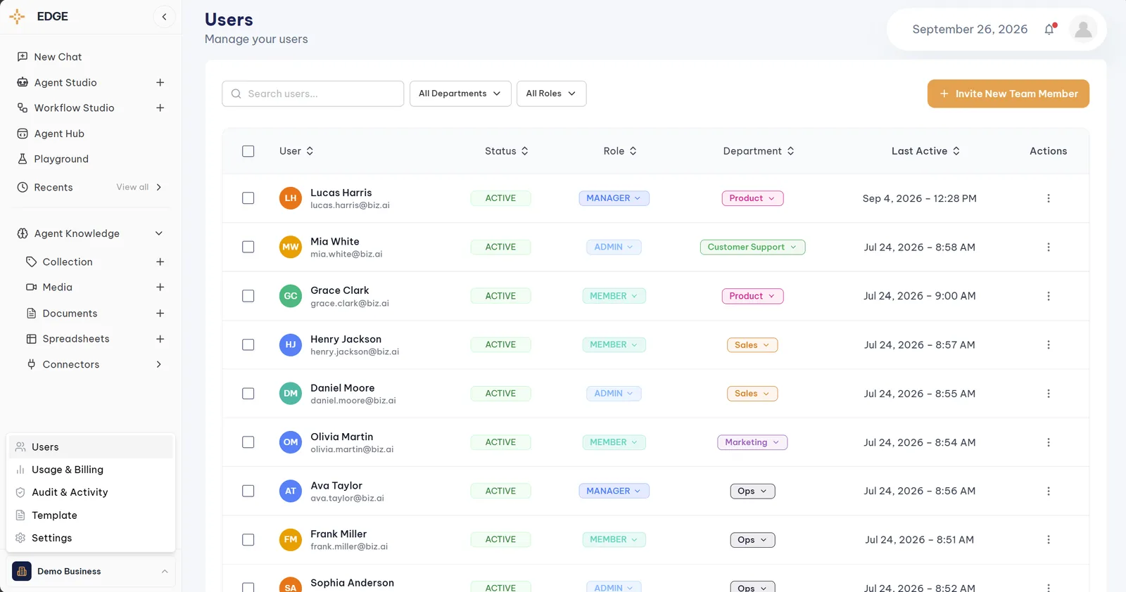 Edge Users screen with roles, departments, and the Invite New Team Member button