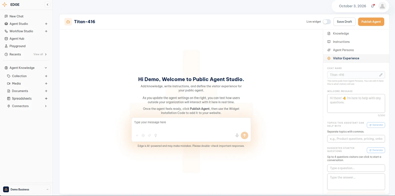 Public Agent Studio, Visitor Experience with Chat Name, Welcome Message, Topics, and Suggested Starter Questions