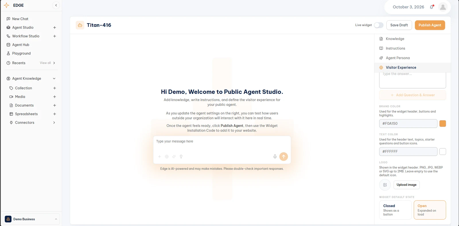 Public Agent Studio, Visitor Experience with Brand Color, Text Color, Logo, and Widget Default State
