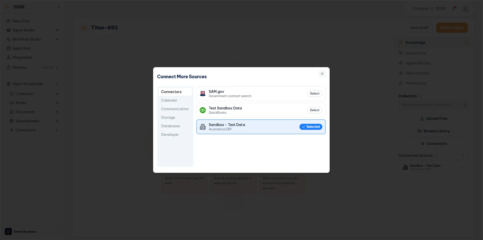 Agent Studio, Connect More Sources dialog with the Acumatica connector selected