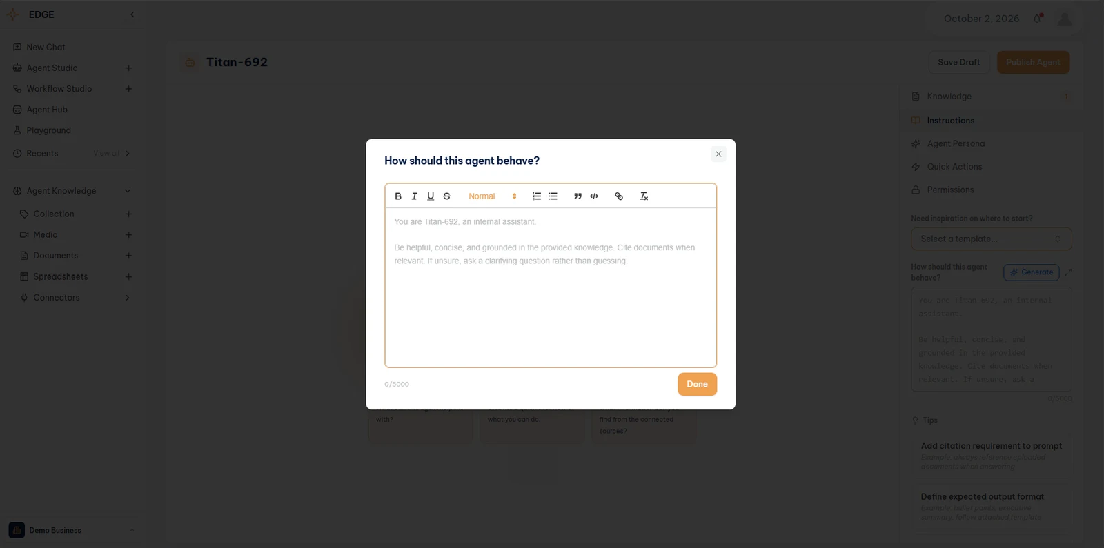 Agent Studio, the How should this agent behave instructions editor