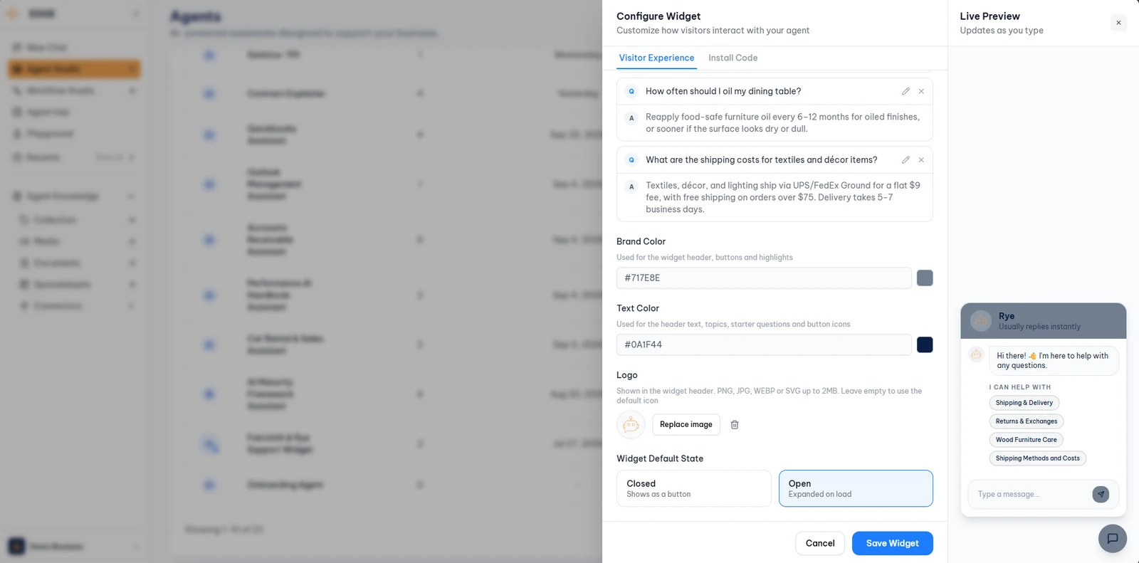 Configure Widget panel with Visitor Experience and Install Code tabs and a Live Preview of the widget