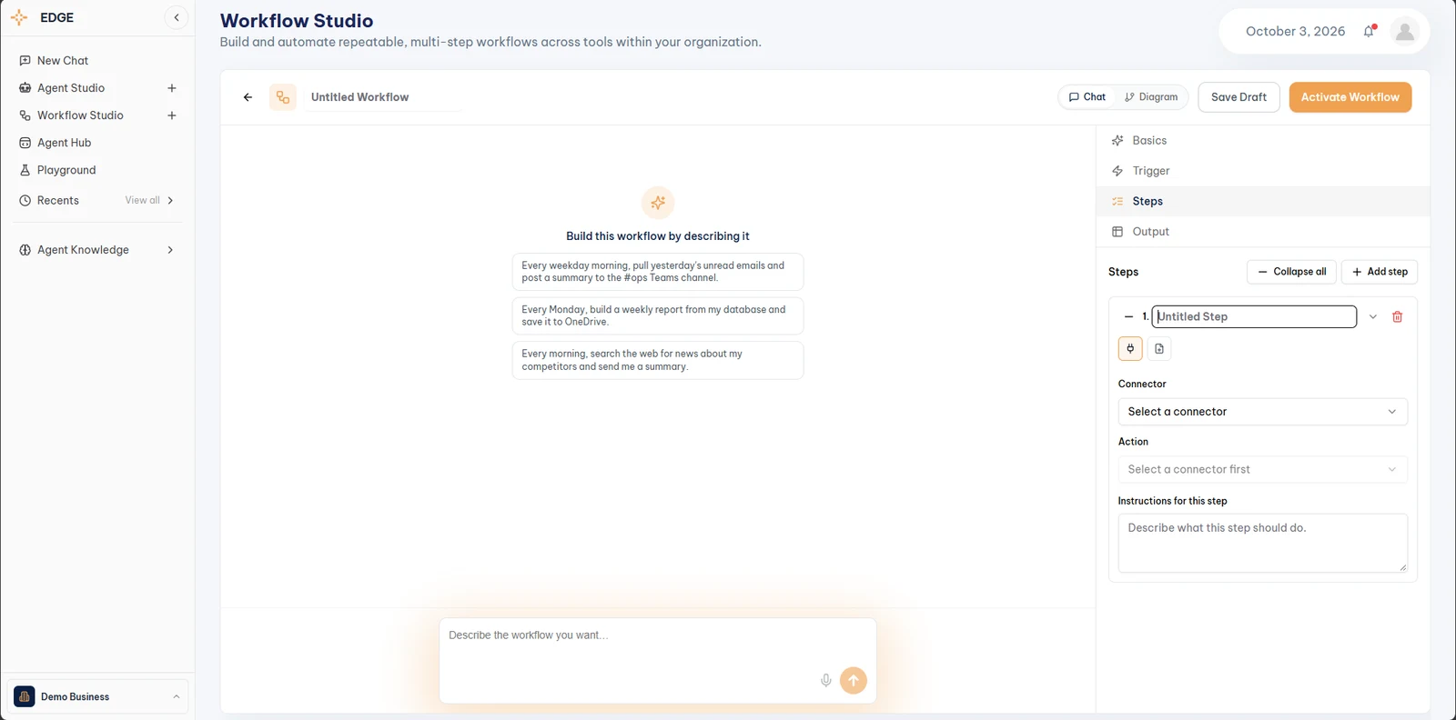 Workflow Studio, Steps panel with Connector, Action, and Instructions for this step fields