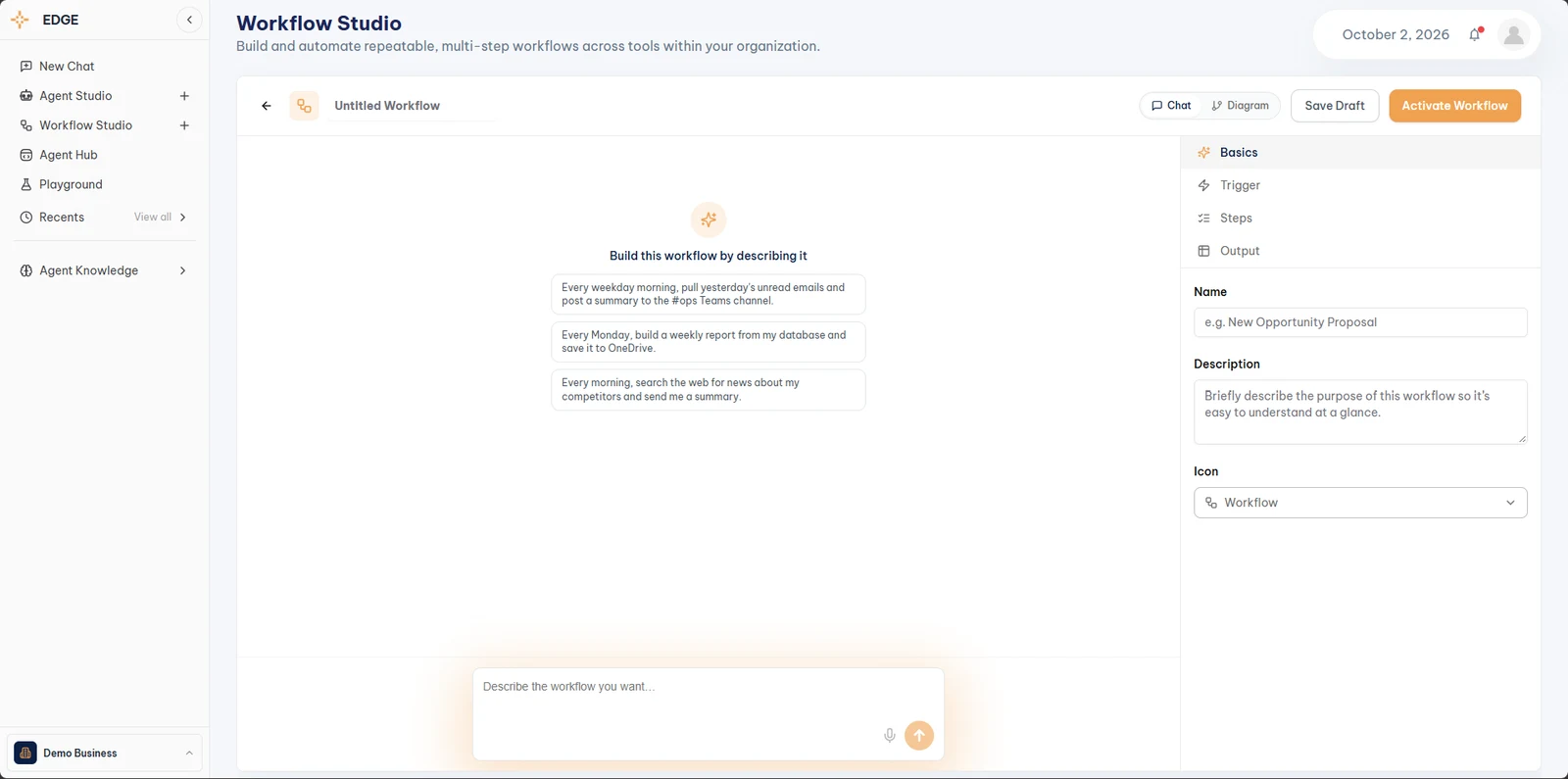 Edge Workflow Studio new workflow screen with the chat on the left and the Basics, Trigger, Steps, and Output setup panel on the right