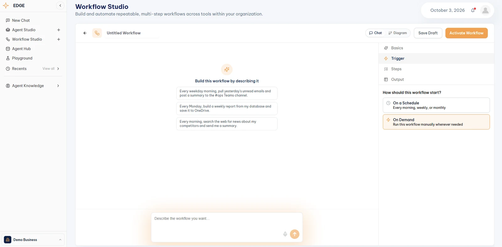 Workflow Studio, Trigger panel with On a Schedule and On Demand options